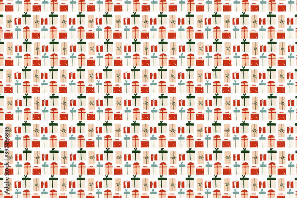Vector seamless pattern with festive gift boxes on white background. Pattern for wrapping paper. Vector seamless pattern with festive gift boxes on white background. Pattern for wrapping paper.