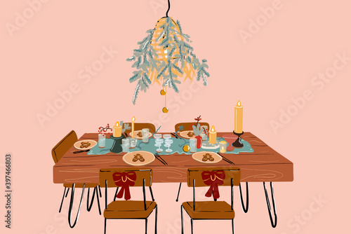 Vector illustration of festively decorated dining table on New Year holidays