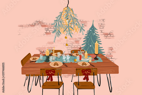 Vector illustration of festively decorated dining table on New Year holidays