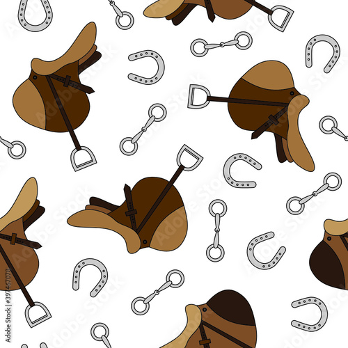 Brown and white saddle and horseshoe silhouette seamless pattern. Vector illustration.
