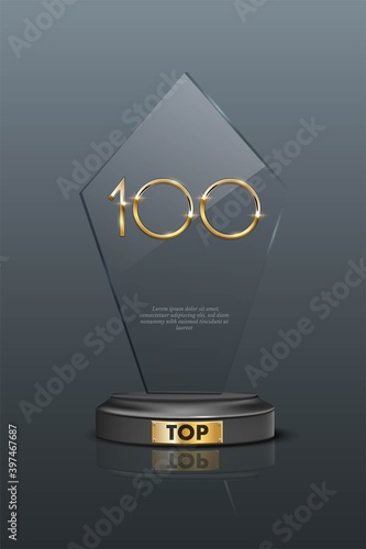 Top 100 award trophy. Glass rectangular prize with gold number one hundred. Champion glory in competition vector illustration. Hollywood fame in film and cinema or championship in sport
