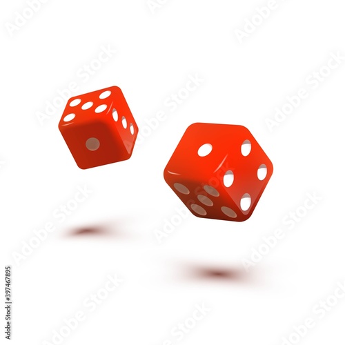 Two red dice cubes for gambling. Casino craps and playing games vector illustration. Poker cubes rolling with shades, random numbers with dots isolated on white background