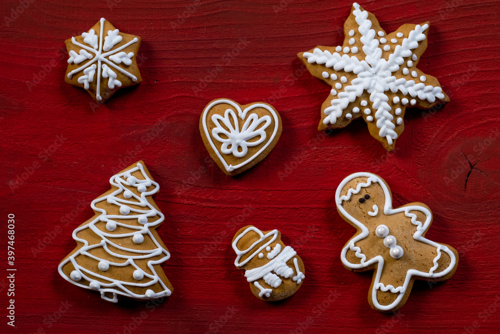 red biscuit gift wooden background new year cookies top view copy space red biscuit gift wooden background new year cookies top view copy space