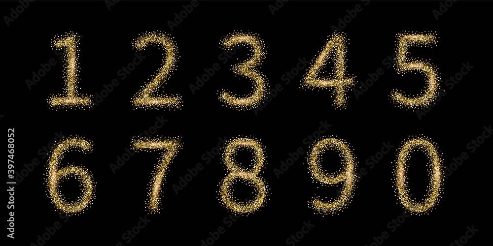 Golden glitter numbers set on black background. Birthday, jubilee or wedding anniversary date template vector illustration. Invitation to celebrate. Shiny number elements Golden glitter numbers set on black background. Birthday, jubilee or wedding anniversary date template vector illustration. Invitation to celebrate. Shiny number elements