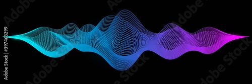 Abstract audio sound wave background. Blue and purple voice or music signal waveform vector illustration. Digital beats of volume color soundwave. Graphic electronic curve shape