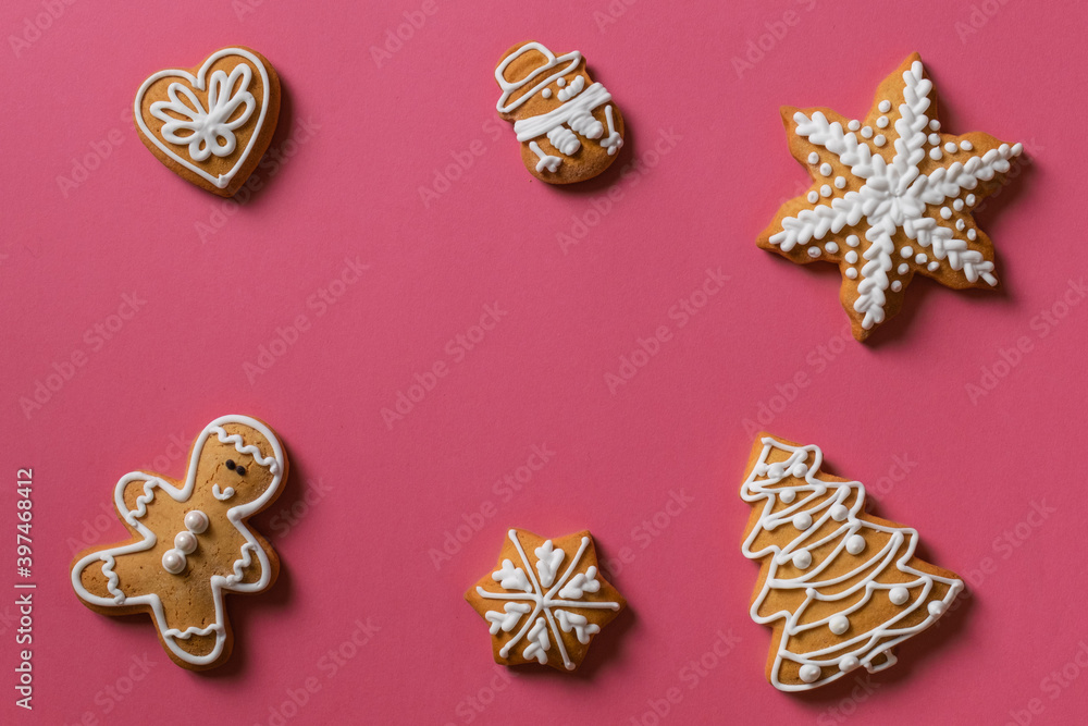 Fototapeta premium pink red biscuit gift background new year cookies top view copy space