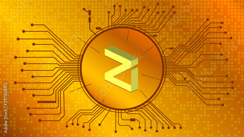 Zilliqa cryptocurrency token symbol, ZIL coin icon in circle with pcb on gold background. Vector illustration in techno style for website or banner.