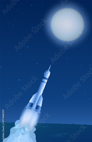 The spaceship flies to the moon in the starry sky. Engine flames and smoke. Blue tinted. Vertical vector illustration.