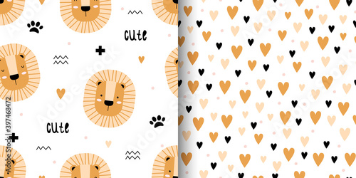 Set of two cute seamless pattern with lions and hearts.