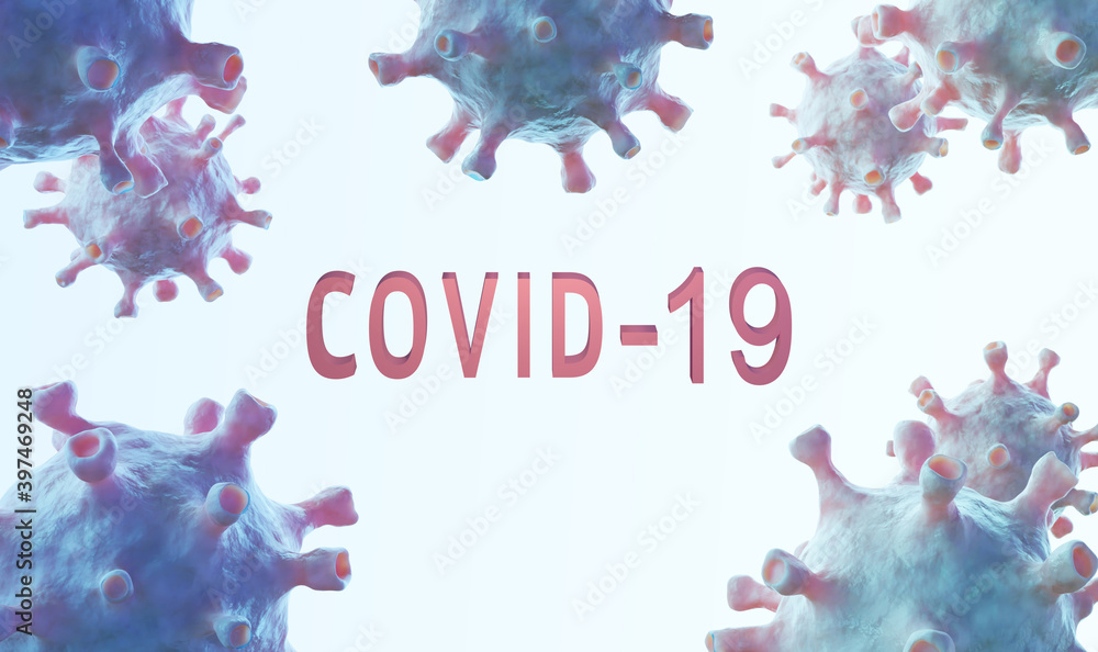 Group of realistic coronavirus with text COVID-19 background, 3D render