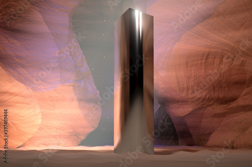 Фотография Monolith in Canyon with beam of light breaking through - 3D Render