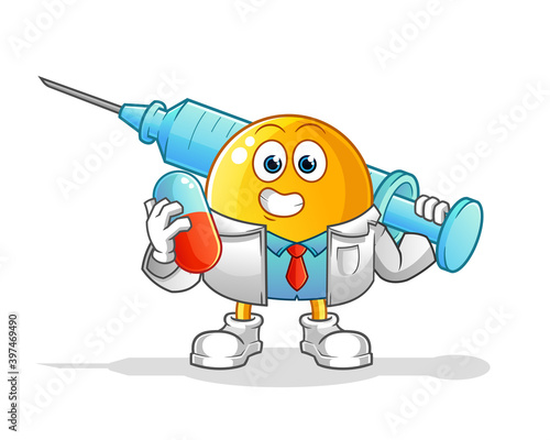  emoticon doctor holding medichine and injection vector. cartoon character