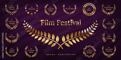 Golden shiny award laurel wreaths isolated on violet waving curtain background. Vector Film Awards design elements.