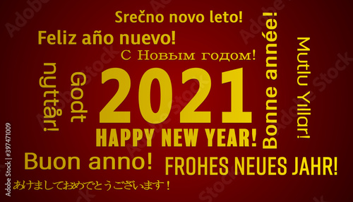 illustration of a word cloud with the message happy new year in gold and in different languages