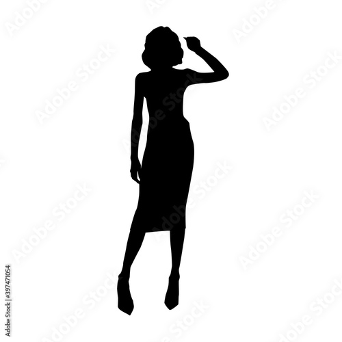 Female black silhouette of fashion trendy stylish curly hair woman in mini dress