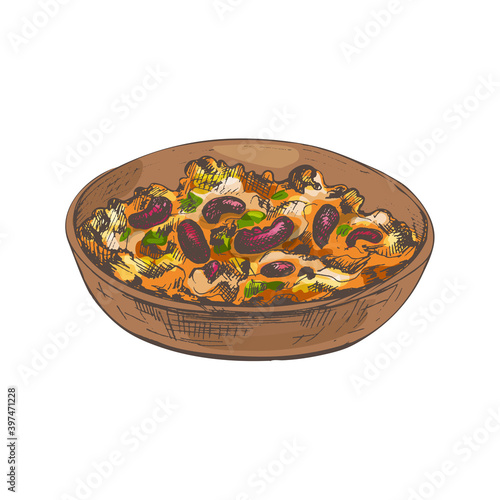 Chili con carne in bowl - mexican traditional food. Vector vintage hatching