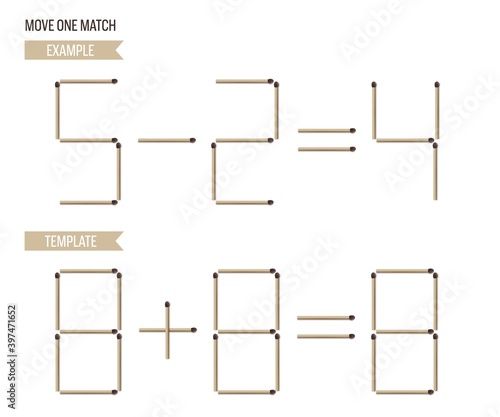 Move onr matchstick game example and template. Math and logic puzzle for kids vector illustration. Educational exercise with math equation in matches for children on white background