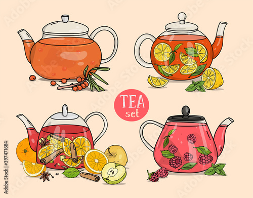 Set with glass teapots. Fruit tea, sea buckthorn and lemon. Colorful vector illustration on a beige background. Hand-drawn.
