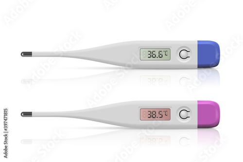Medical digital thermometer set. Temperature scanners for fever vector illustration. Electronic equipment on white background. Instrument for measurement with healthy and sick result