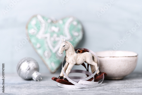 Christmas decoration. Bright wooden background. Close up.