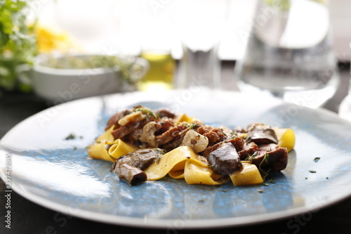 Tagliatelle pasta with sirloin and mushroom sauce. Food, an appetizing dish on a plate. A proposal for an application. Culinary photography.