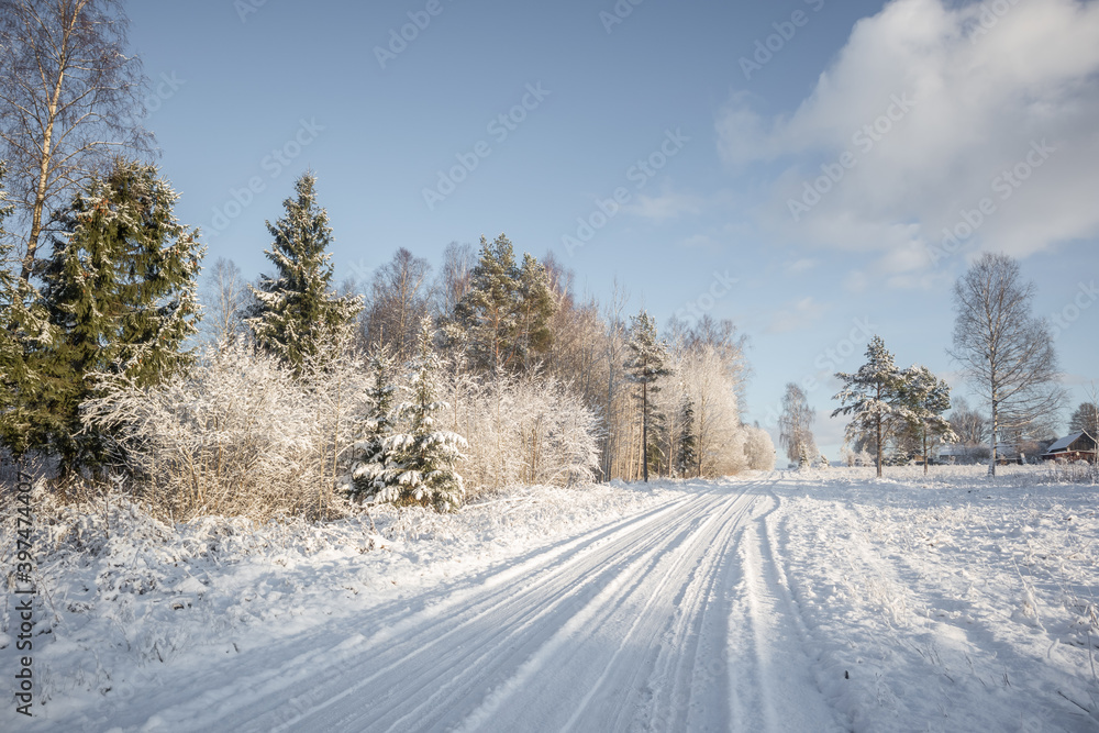 A beautiful winter day landscape of a gravel road near the forest. Snow covered scenery of Northern Europe. A beautiful winter day landscape of a gravel road near the forest. Snow covered scenery of Northern Europe.