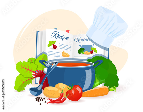Recipe book, pan with soup, vegetables. Recipes, homemade food, food preparation, learning concept. Isolated vector illustration for flyer, poster, banner.