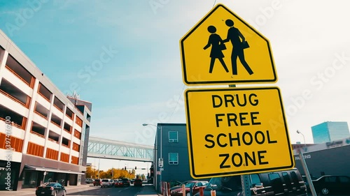 A sign on the side of a road. drug free school zone, responsible society. Alaska. Anchorage. High quality Full HD footage photo