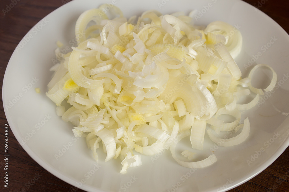 Chopped leek texture as background on a white plate. Vegetarian food and vegetables. Chopped leek texture as background on a white plate. Vegetarian food and vegetables.