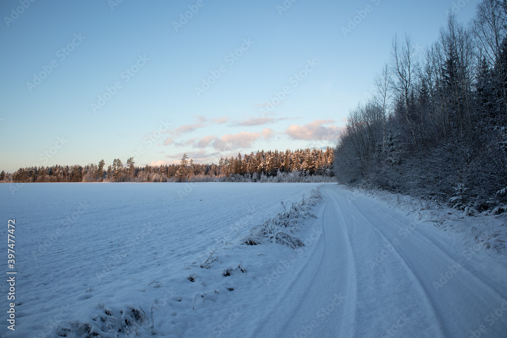 A beautiful winter day landscape of a gravel road near the forest. Snow covered scenery of Northern Europe. A beautiful winter day landscape of a gravel road near the forest. Snow covered scenery of Northern Europe.