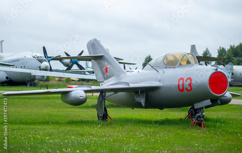 July 18, 2018, Moscow region, Russia. Jet fighter aircraft Mikoyan-Gurevich MiG-15 at the Central Museum of the Russian Air Force in Monino.