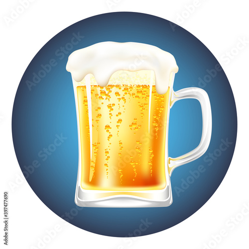 Realistic glass mug with beer on blue background. Vector illustration.