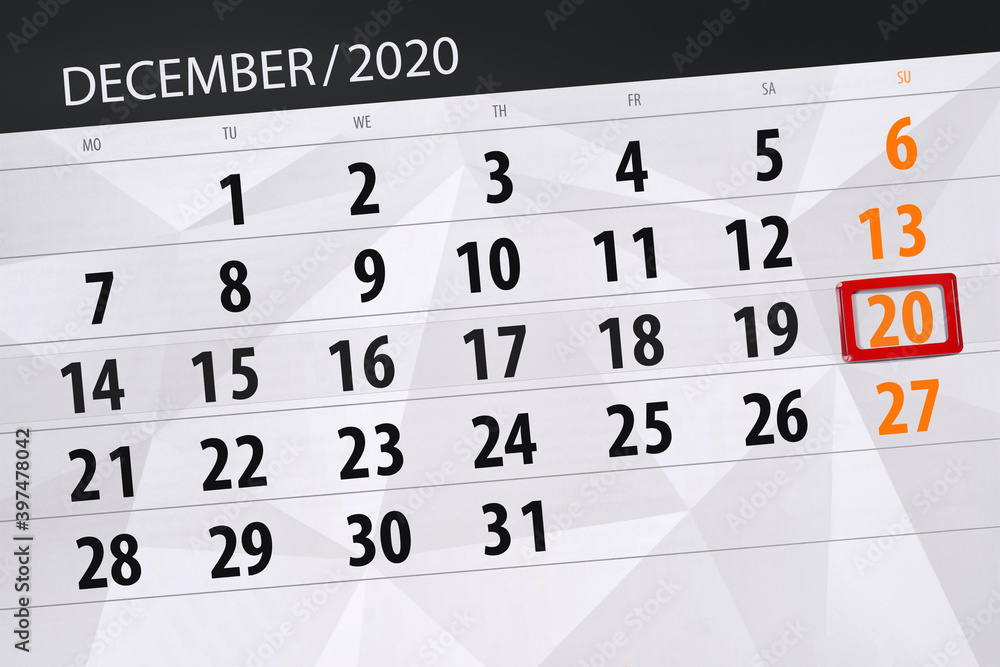 Obraz premium Calendar planner for the month december 2020, deadline day, 20, sunday
