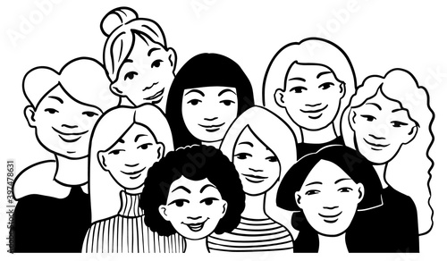 Faces - hand drawn a crowd of many different young women and girls from diverse cultural. Doodle style vector illustration
