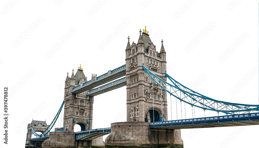 Tower Bridge (London, UK) isolated on white background - obrazy, fototapety, plakaty 