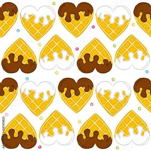 Seamless vector pattern of waffle hearts. Wafer hearts poured with chocolate and white cream. Background on the theme of love, wedding and Valentine's Day.