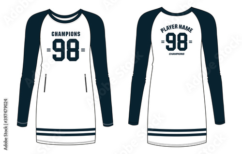 Oversize long hem T-shirt women sports jersey design, Muslim Women Sports Tunic top t-shirt Jersey design concept Illustration in Vector suitable for girls and Ladies, Islamic Sportswear uniform kit