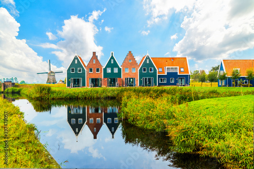 Volendam is a town in North Holland in the Netherlands. Colored houses of marine park in Volendam. Netherlands.