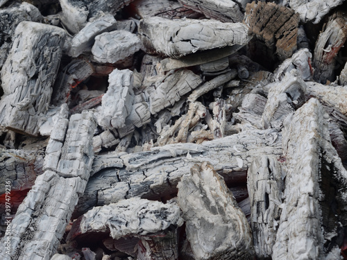 coals covered with ash in an extinct campfire