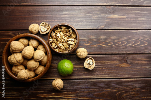 Walnuts in round bowl on wooden table