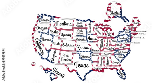 Map of the United States of America with state names. The borders of each state is colored with USA flag colors. Artwork design. Vector isolated on white.