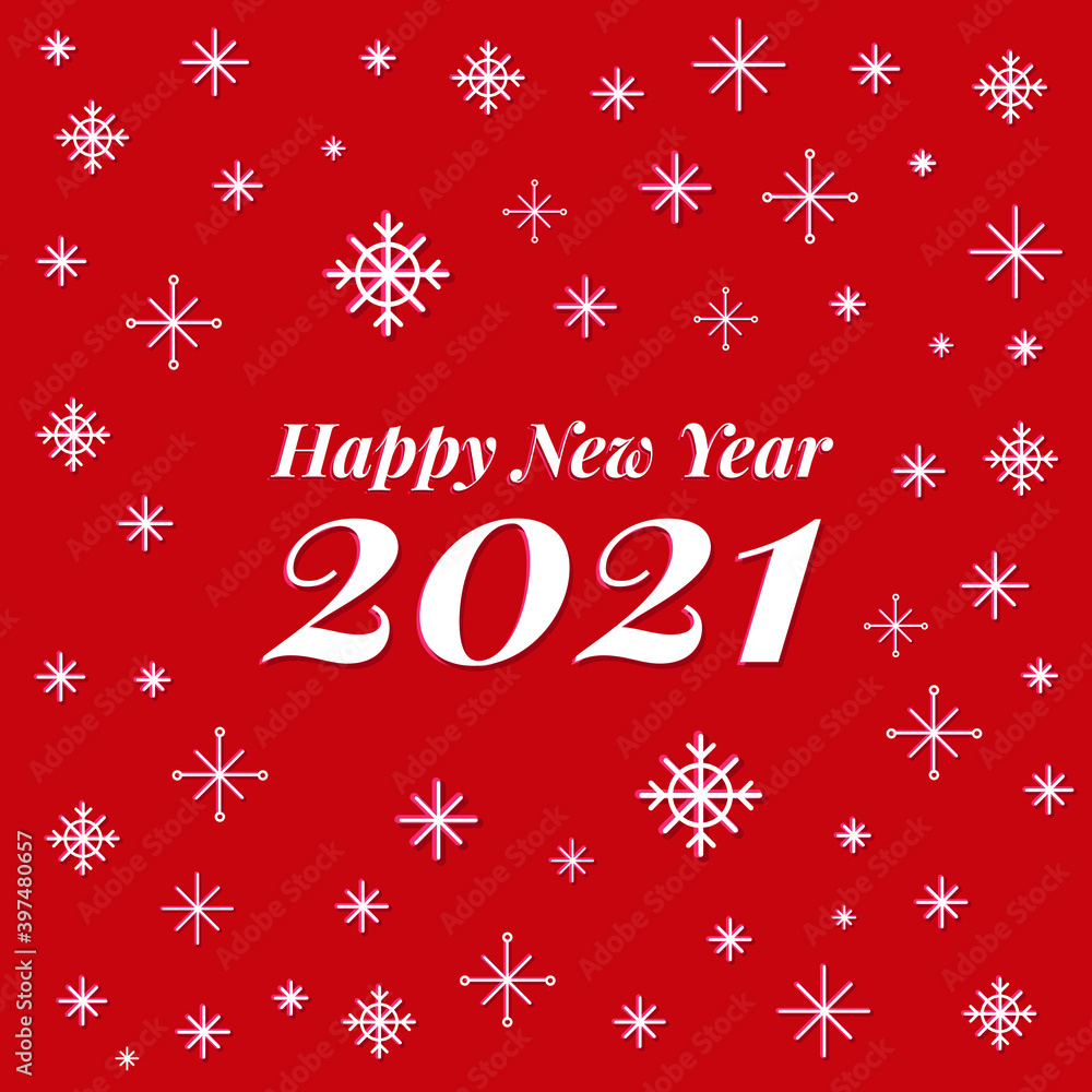 Vector new year 2021 greeting card with white snowflakes and red background