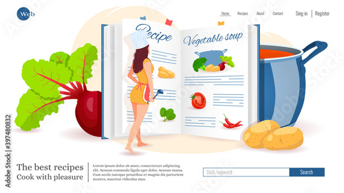 Website design, woman reading recipe, recipe book, pan with soup, vegetables. Recipes, homemade food, food preparation, learning concept. Vector illustration for poster, banner, website development.