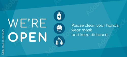 We are open again after Coronavirus outbreak vector flat banner template. Signs for reopening businesses.