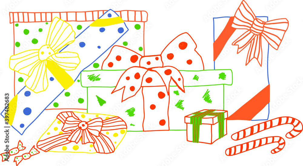 куча подарков. цветная векторная иллюстрация на праздники Рождество и Новый год