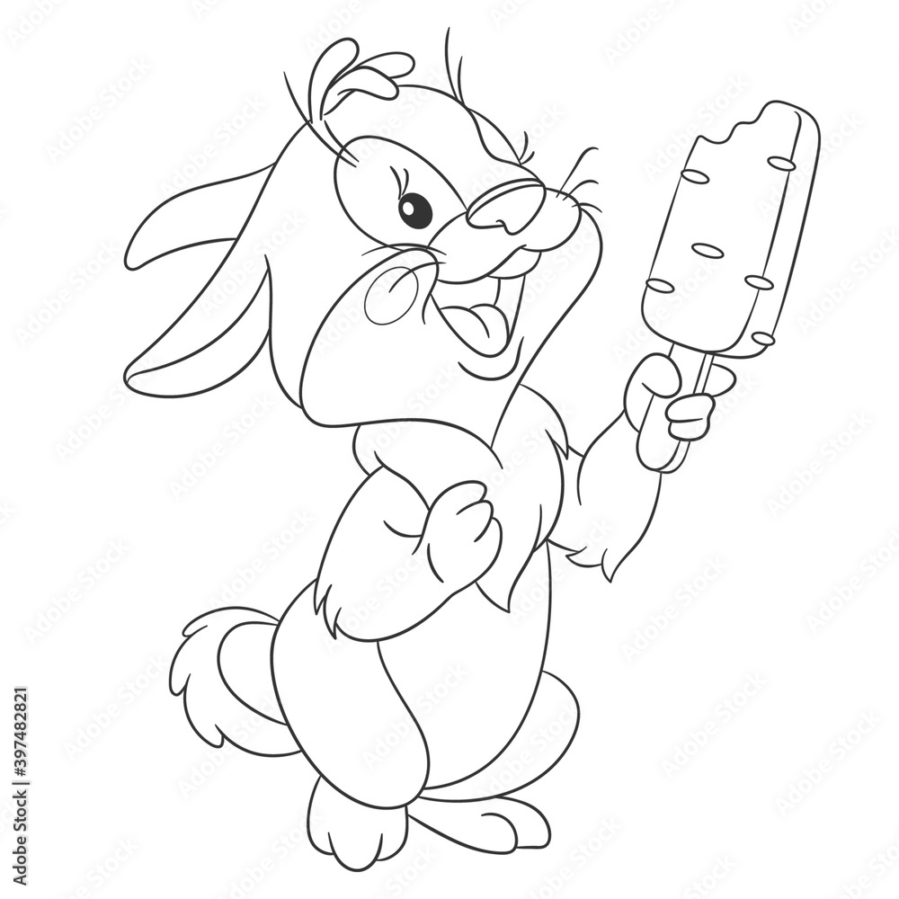 Coloring book page for kids with cute cartoon bunny and ice cream ...