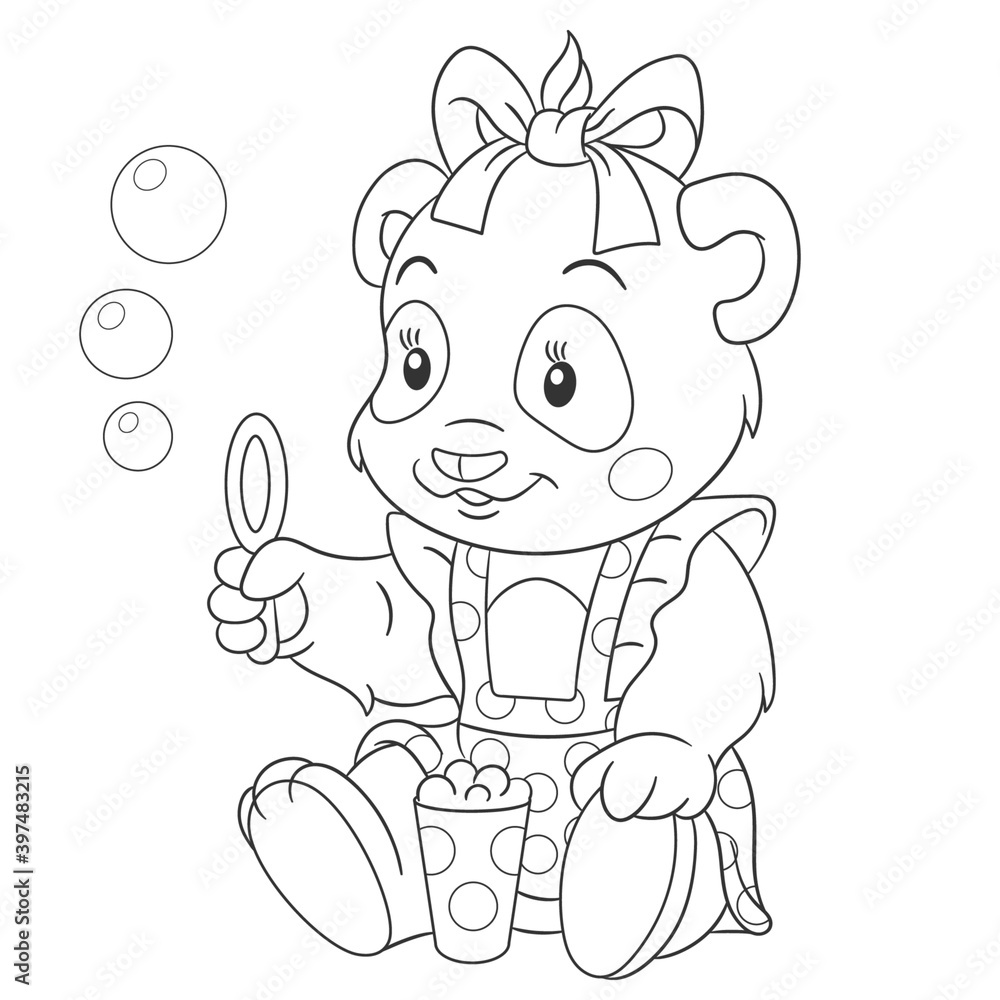 Fototapeta premium Coloring book page for kids with cute cartoon panda girl. Vector illustration.