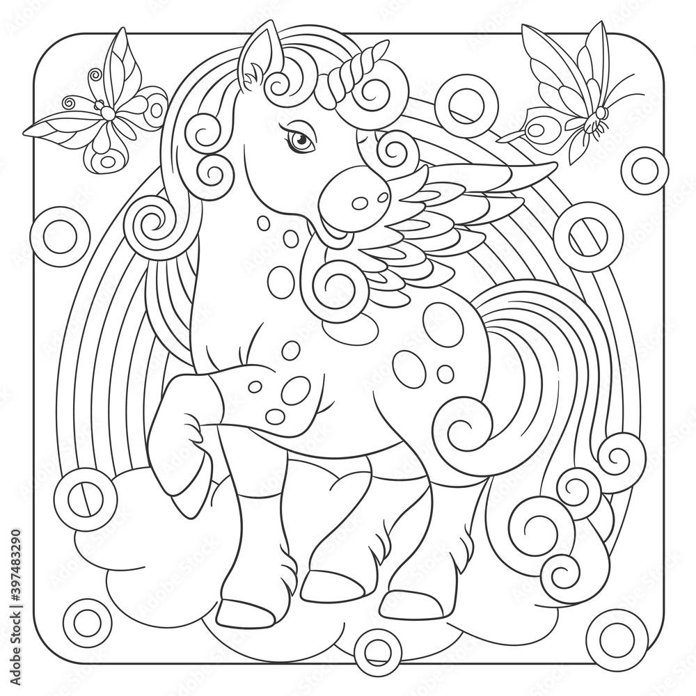 Coloring book page for kids with cute cartoon unicorn. Vector ...