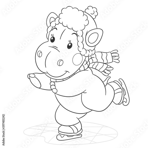 Coloring book page for kids with cute cartoon hippo ice skating. Vector illustration.