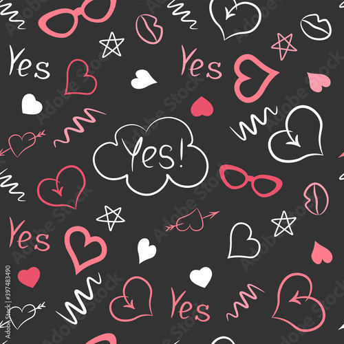 Hearts. Seamless pattern, fabric design, wrapping paper, wallpaper, background. Festive background. Doodle, vector.